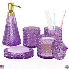 Purple 5-Piece Bathroom Accessories Set, Glass Dispenser, Toothbrush Holder 