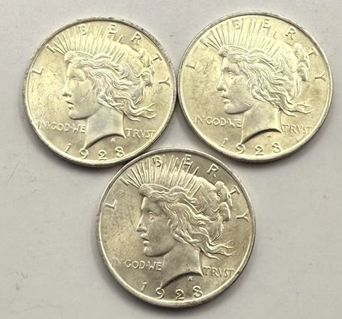 3-1923 Peace Silver Dollars-Great Condition-AU/BU-Free Shipping!-3 Coin Lot.