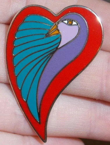 Vintage Laurel Burch Dove Heart Enamel Goldtone Brooch Costume Jewelry