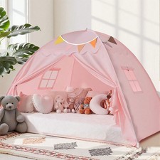 Pink Kids Bed Tent Twin Size with Lights Flags Indoor Playhouse Canopy for Girls