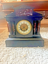 Antique Slate And Red Marble 4 Column Chiming Mantle Clock In Full Working Order