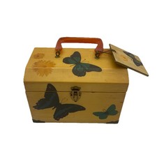Vintage Wooden Purse Lucite Handle DMK 70's Butterflies  Flowers box purse
