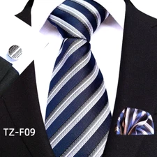 Classic Striped Bue Shite Jacquard Silk Men's Tie Necktie Hanky Cufflink Set