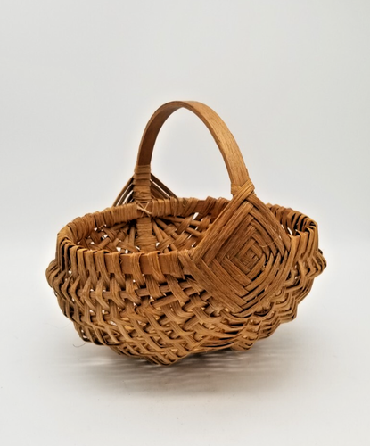 Early 1900s Gathering Basket 8" Buttock Hand Woven God's Eye Knot Oak Splint