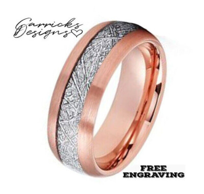 Engraved Men's Real Rose Gold Tungsten Wedding Ring Meteor Inlay 14k Rose Gold