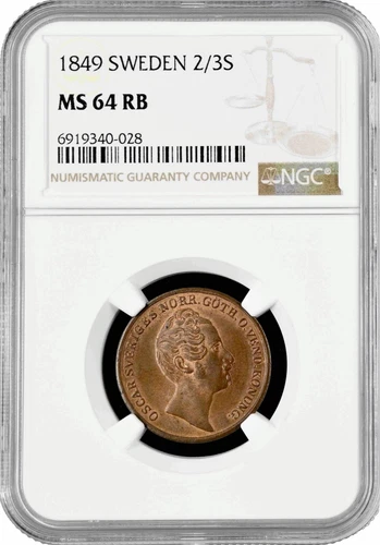 Sweden 2/3 skilling 1849, NGC MS64 RB, "King Oscar I (1844 - 1859)" Top Pop 2/0