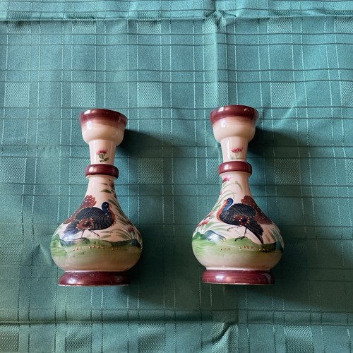 Antique Clambroth Opaque Vases Peacock Enamelled Hand Painted Ex/con - Picture 2 of 24