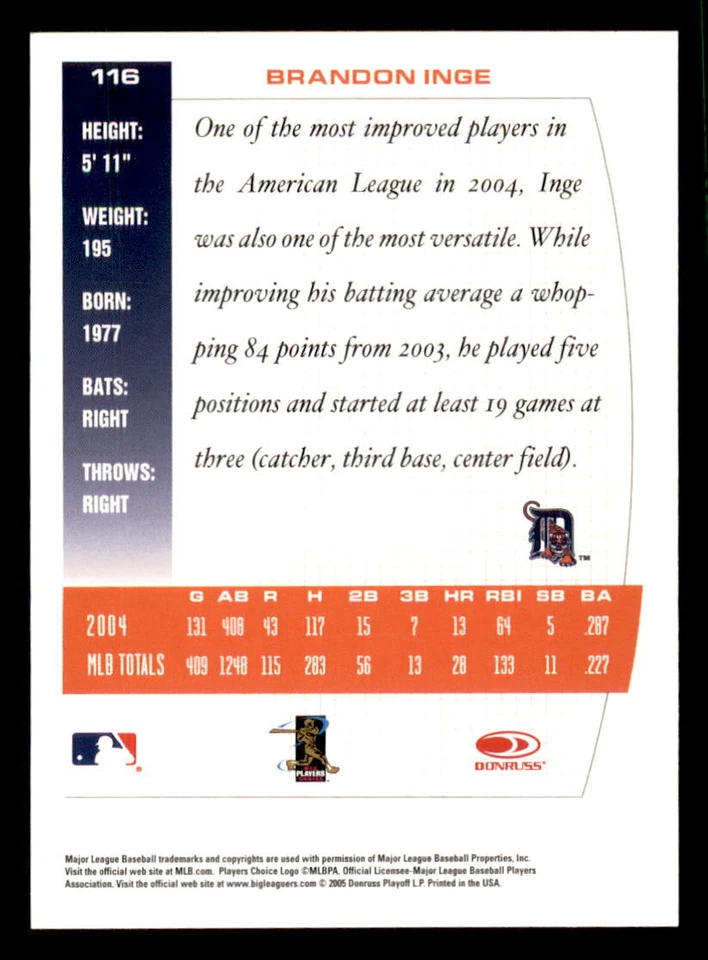 2005 Donruss Team Heroes  #116 Brandon Inge Detroit Tigers - Image 2 of 2
