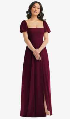 After Six 1567..Puff Sleeve Chiffon Maxi Dress with Front Slit..Cabernet..Size 6