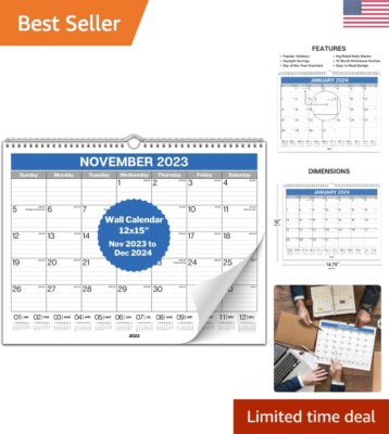 Durable 12x15 Wall Calendar 2024 - Blue, Nov 2023 to Dec 2024, Monthly Calendar