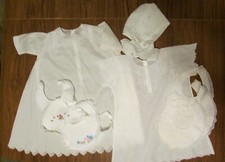 Vintage baby dresses Bonnet Bibs1940 Handmade Imported Batiste Embroidered Lot 1