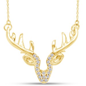 Authentic Round Real Natural Diamond Accent Deer Antler Pendant in 14K Yellow Gold Plated