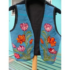 VINTAGE NEEDLEPOINT VEST WAISTCOAT w/ BLACK VELVET Back, PAISLEY SILK LINING