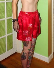 Vintage Red  Pink Floral Satiny Pajama Shorts L feminine sleep shorts