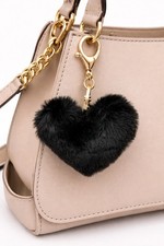 Furry Heart Shaped Pom- Pom Bag Charm- Keychain Black