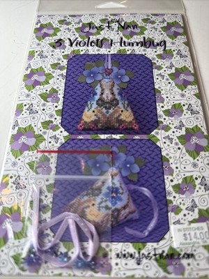 HTF NEW Just Nan 3 VIOLETS HUMBUG Ctd Cross Stitch Pattern w/ Linen & Embelshmts