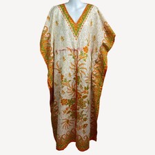 Phases Womens Caftan V-Neck Dress Orange Green Floral Drawstring Waist One Size