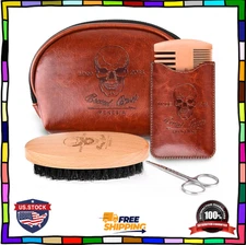 Beard Brush and Comb set Boar Bristle Hair Beard Kit with Small Leather Travel