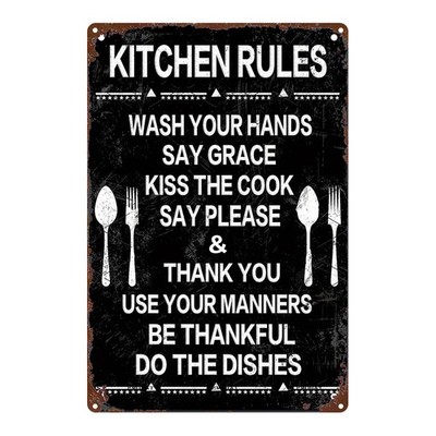 Distressed Black ''Kitchen Rules'' Metal Sign for Rustic and Farmhouse Kitchens