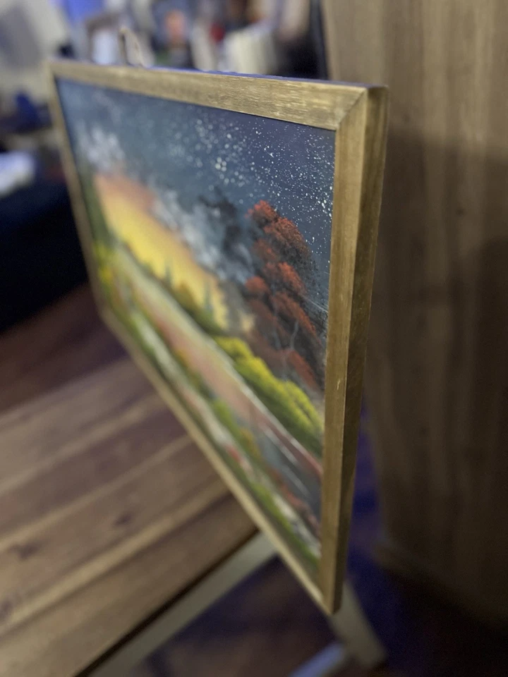 Original Oil Painting Wooden 17x27 Art/Landscape “Lakeside Dawn” Bob Ross Style - Image 3 of 4