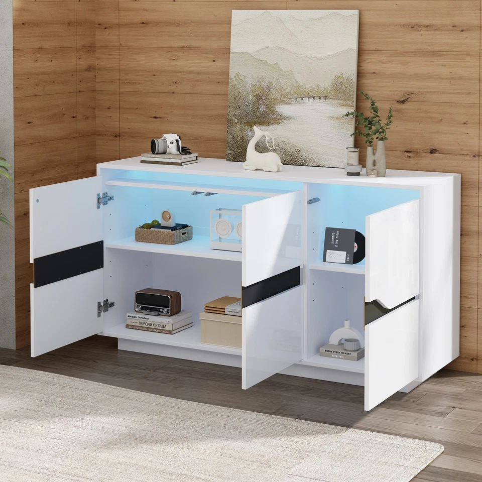Moderner Sideboard Kommode Anrichte Schrank mit LED Beleuchtung Weiß Hochglanz - Bild 4 von 4
