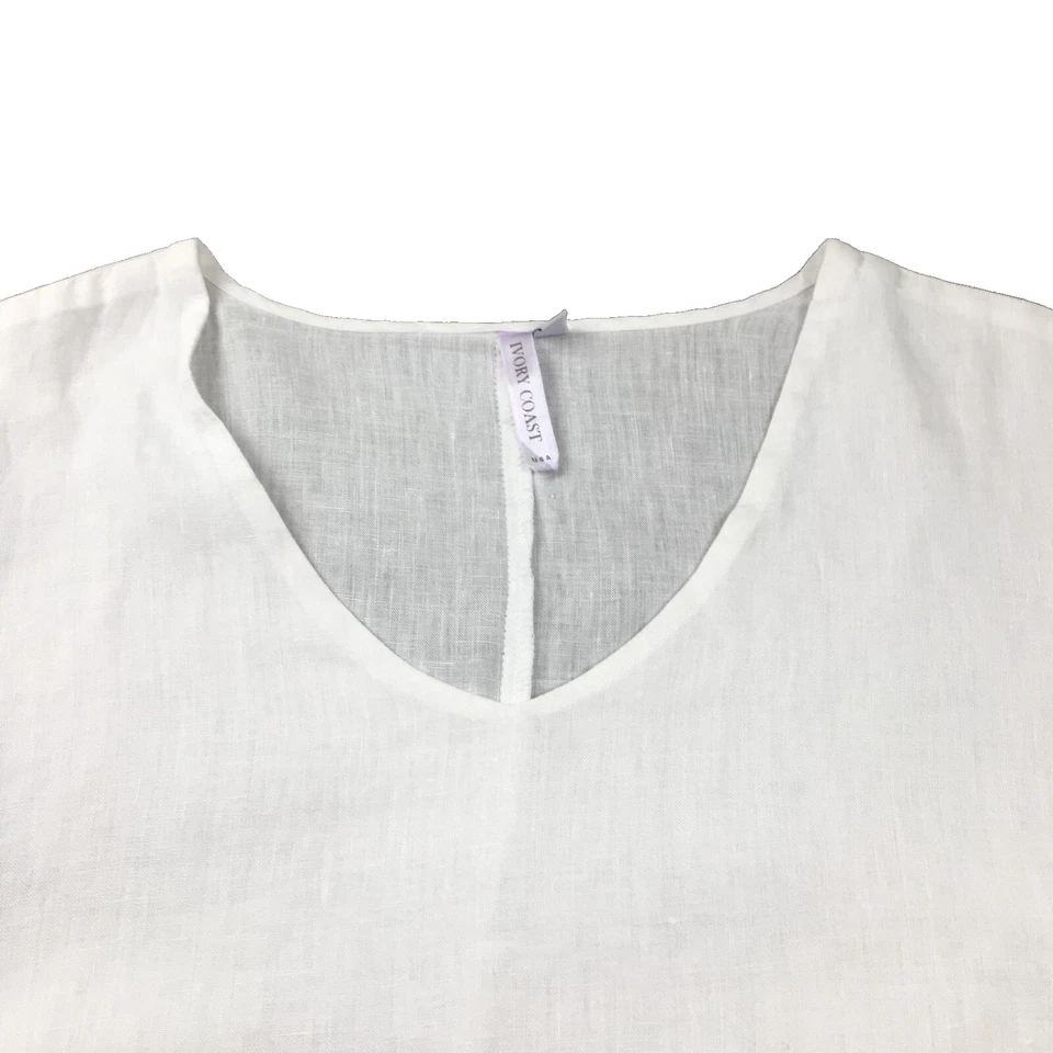 Top de lino para mujer Costa de Marfil talla S blanco cuello en V manga larga dobladillo asimétrico Foto 2 de 4