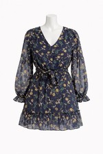 Andree By Unit Navy Floral Mini Dress Sheer Long Sleeve V Neck Ruffle Hem Boho  