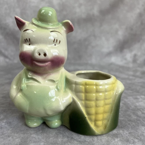 Nursery Planter Shawnee Glazed Pig Farmer Corn Cob Husk VTG 1950s Art Pottery