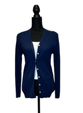 Vintage 1970s Ribbed Navy Blue Long-Sleeve Slim Fit Button Cardigan Size S Y2Ks