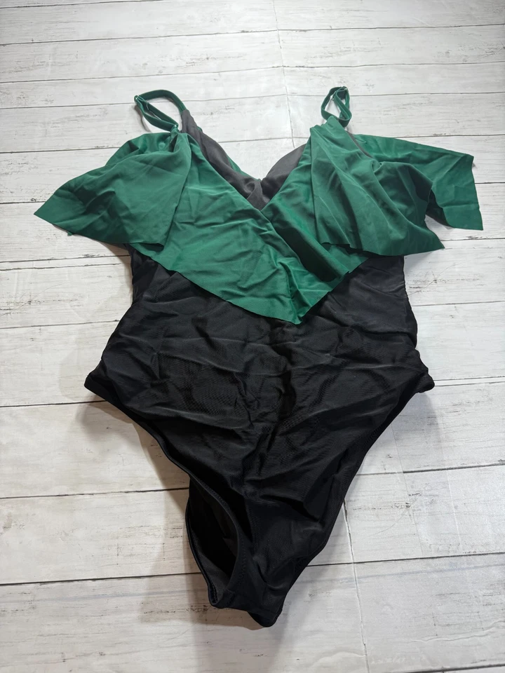 Trajes de baño de una pieza con volantes adelgazantes verdes y negros sin marca para mujer talla X-grande Foto 2 de 4