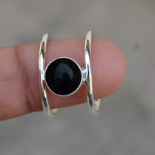 Black Onyx Solitaire Two Band Ring 925 Silver Handmade Ring For Bridal