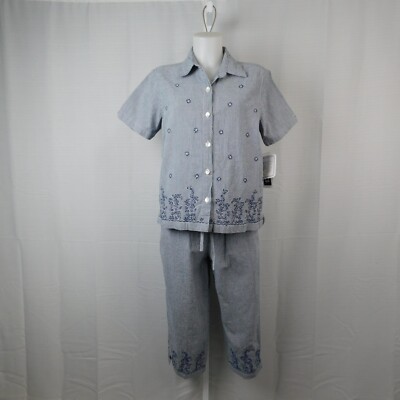 Vintage Erika Embroidered Button-Up Top Capri Pants Set Navy Check Medium #9824