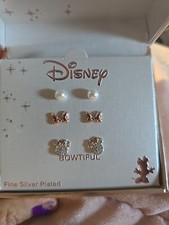 DISNEY Silver Plated Rose Gold MINNIE MOUSE 3 Pair EARRING Set "BOWTIFUL", new