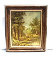 Vintage Forest Stream Pond Landscape Oil Painting On Canvas Signed Illegible