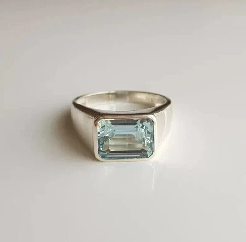 2 Ct Emerald Cut Aquamarine Lab Created Wedding Men's Ring 14K White Gold Plated