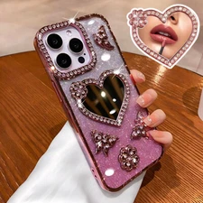 For iPhone 17 16 15 14 Pro Max Girly Bling Diamond Butterfly Glitter Mirror Case