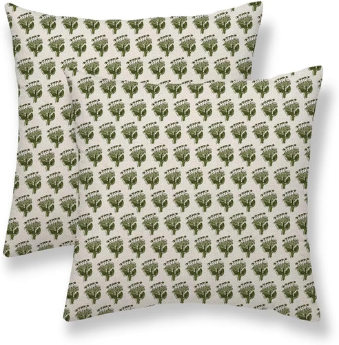 Sage Green Floral Pillow Covers 18 X 18 Inch Set of 2 Flower Leaves Block Print