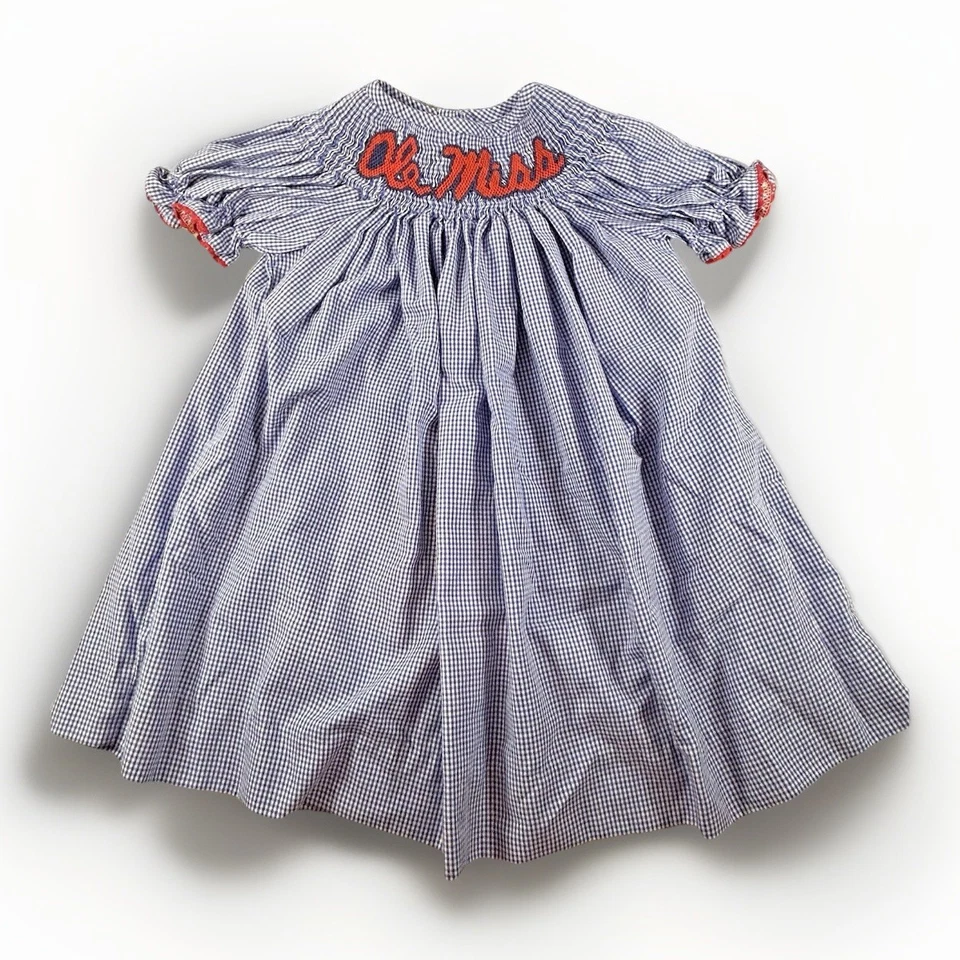 Girls 12M Vive La Fete Smocked OLE MISS Bishop Dress Gingham Blue White Red - Image 2 of 4