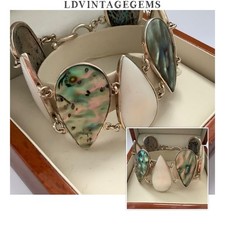 Vintage Jewellery 925 Sterling Silver Mother Of Pearl & Abalone Panel Bracelet