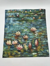 Vintage Oil Paint On Canvas “Water Lillies” Monet Style Signed Reece 23”x20”