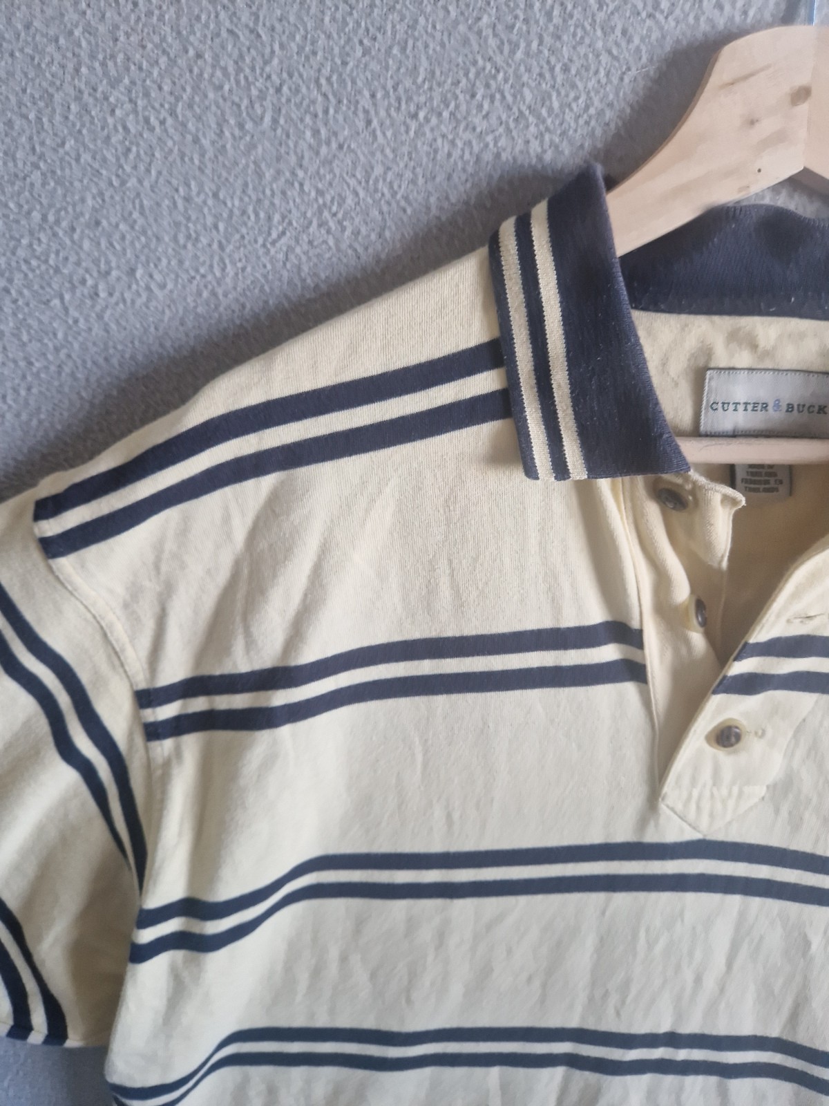 Cutter & Buck Golf Polo Shirt Mens Large Yellow Blue Stripes Cotton