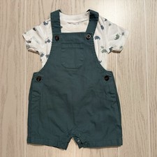 Carter s Romper Baby Boy 12M Green Overall Shortalls Dino Shirt Set Snap EUC