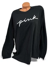 Victoria's Secret PINK Script Logo Long Sleeve Black T Shirt Size XL