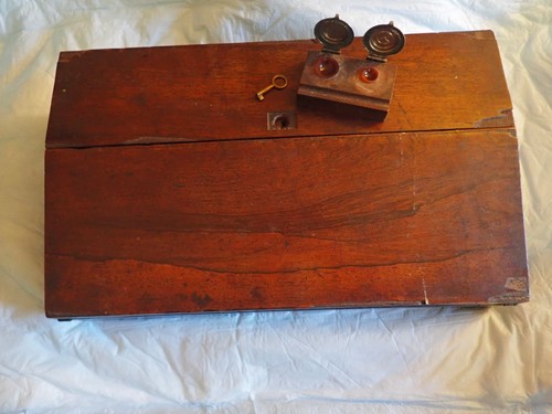 sku3878. Antique Slant Top Writing Lap Desk with Key & Ink Well E. H. Gresham 