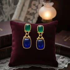 Museum Geometric Cabochon Earrings Gold Art VTG Boho Court Antique Deco Stud CZ