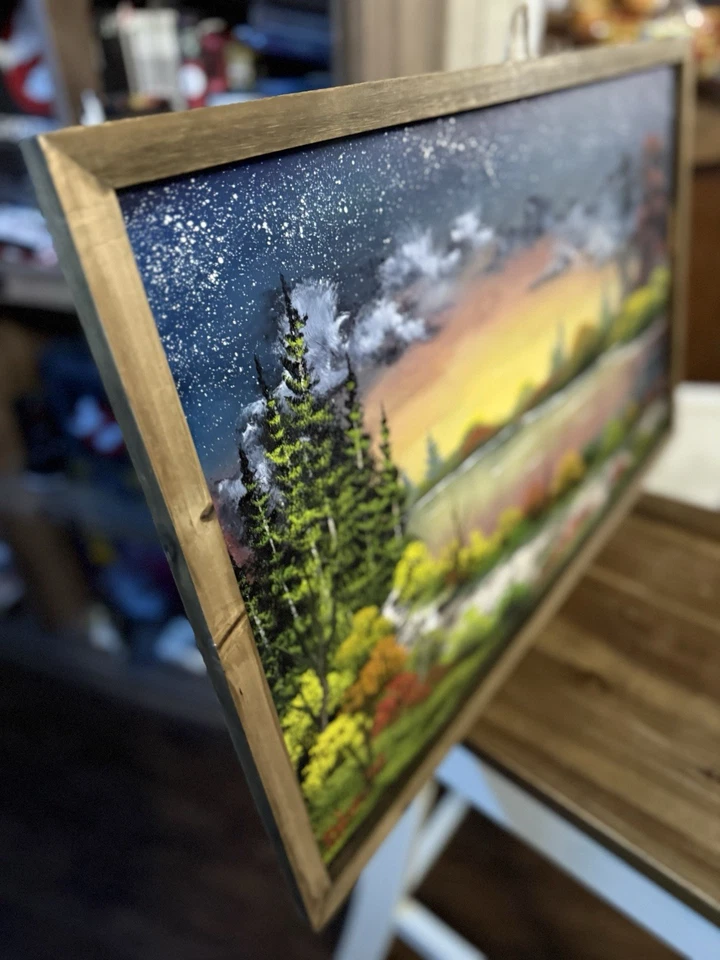 Original Oil Painting Wooden 17x27 Art/Landscape “Lakeside Dawn” Bob Ross Style - Image 2 of 4