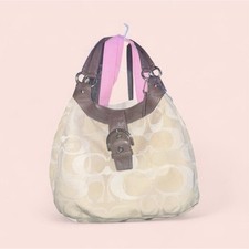 Coach Beige Brown Logo Jacquard Shoulder Bag Buckle Silver Hardware Women