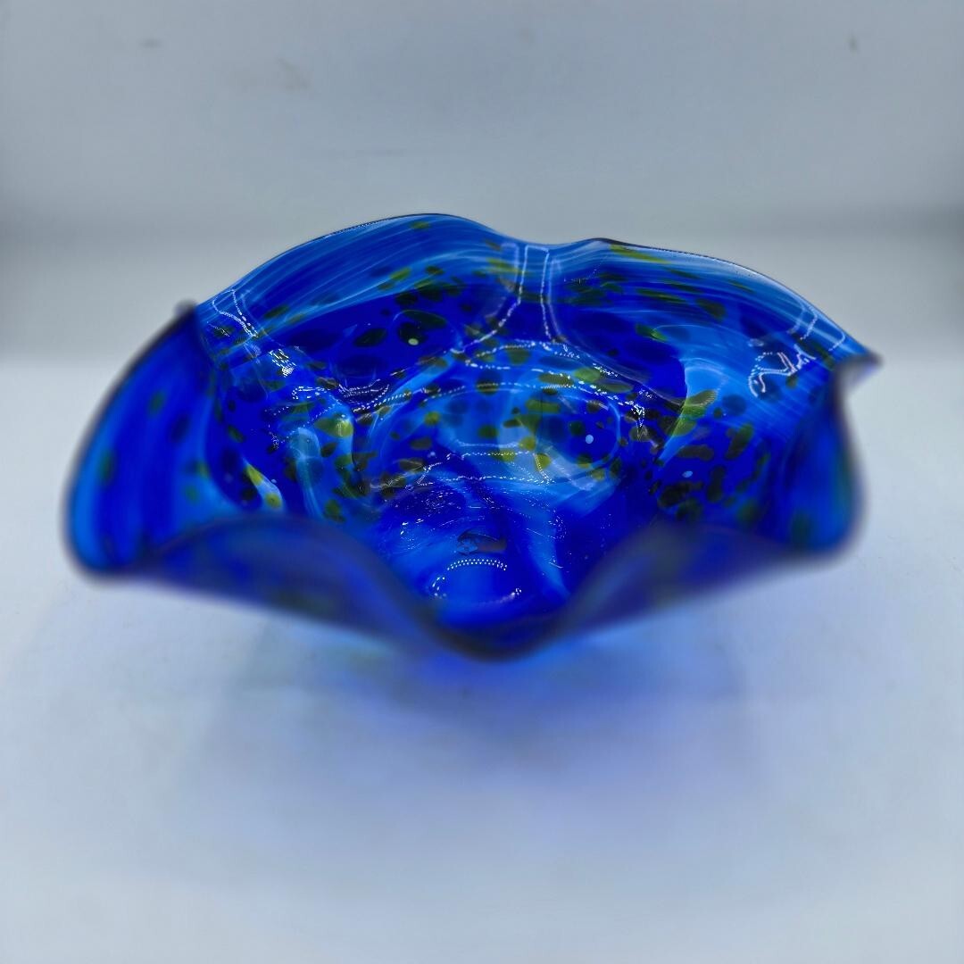 Blue Glass Ruffle Bowl Handcrafted Artistic Home Decor