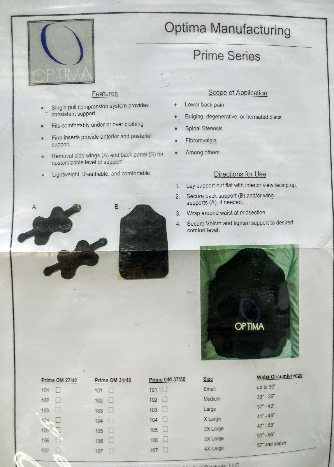 Optima Back Brace Support Prime Series Waist Wrap Pain Relief