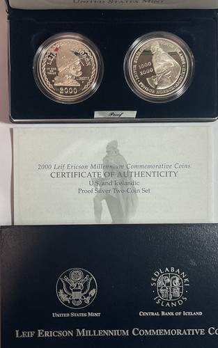 2000 LIEF ERICSON MILLENIUM COMMEMORATIVE - 2 Coin Set - BOX /COA - No Reserve - 第 1/1 張圖片